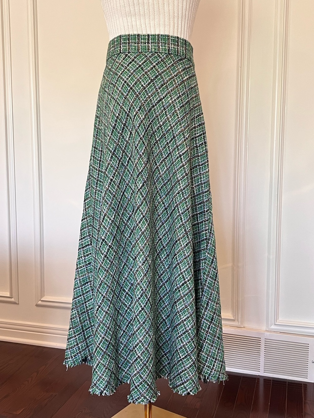 Zara Green Plaid Tweed Maxi‎ Skirt Asymmetric Fringe Hem Equestrian Sz S